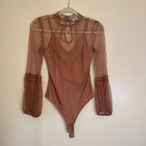 Endless Blu Elegant Sheer Brown Bodysuit Top Size S
